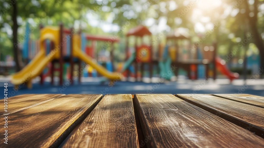 Empty wooden table top with blurred playground backdrop. Use this shot for product promotion, display or montage. Empty wooden table top with blurred playground backdrop. Use this shot for product promotion, display or montage.