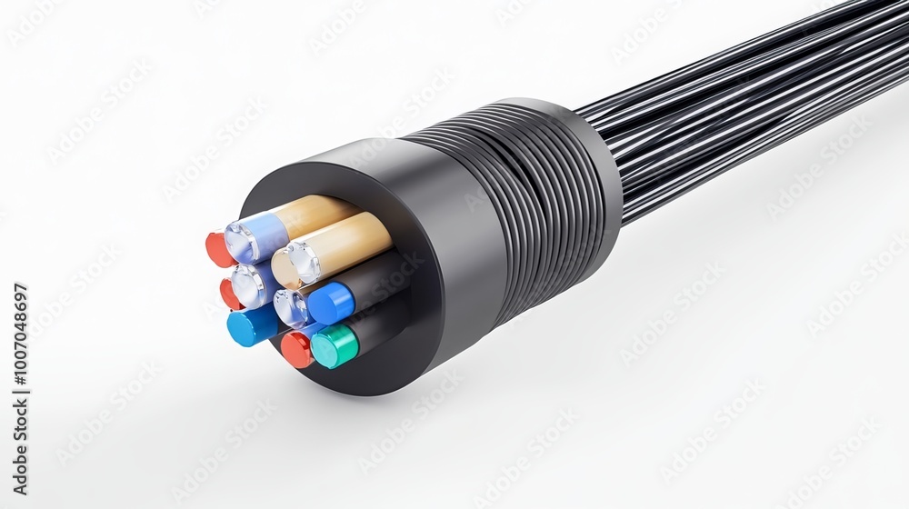 Naklejka premium Fiber optic cables transmit signals over long distances using light, providing high bandwidth and low loss. They consist of glass or plastic fibers encased in protective cladding