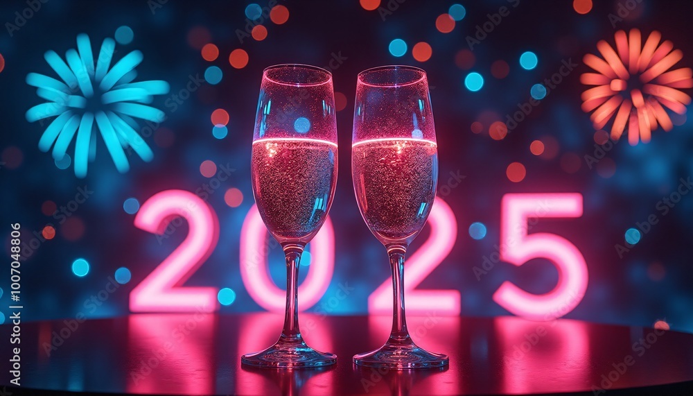 Neon-drenched New Year’s Eve celebration. Exploding fireworks in a rainbow of colours illuminate a futuristic cityscape Neon-drenched New Year’s Eve celebration. Exploding fireworks in a rainbow of colours illuminate a futuristic cityscape