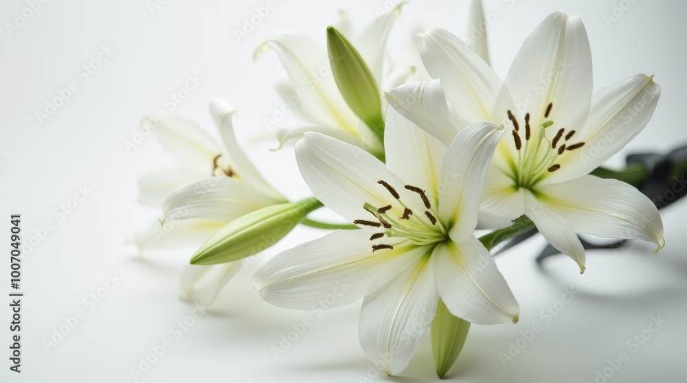 Delicate white lilies with green buds display their elegant features in a simple setting Delicate white lilies with green buds display their elegant features in a simple setting
