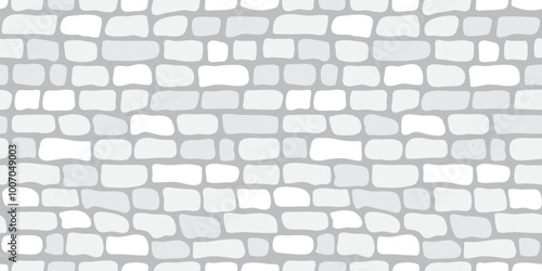 Brick wall seamless pattern, white tile texture, light gray stone background. Path calm repeat wallpaper, geometric modern element print. Cartoon rock block bg. Abstract vector illustration