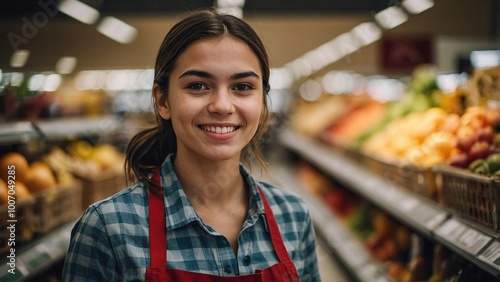 A friendly seller poses in a vibrant grocery store filled with fresh produce during a busy afternoon