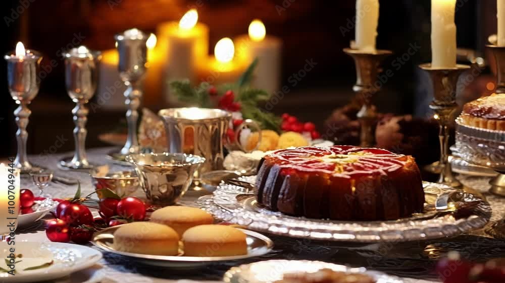 Delicious christmas cakes and pastries are presented on a table with silverware and lit candles in the background, creating a warm holiday atmosphere