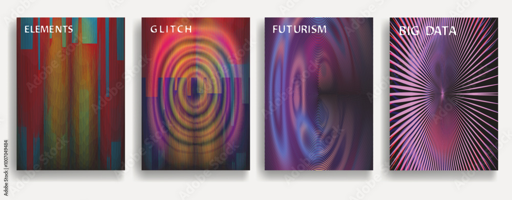 Fototapeta premium Glitch distorted geometric template brochures . Modern art design . Noise destroyed glitched flyer . Trendy brochure with vector lines . Glitched flyer. Hologram effects . set of vector templates