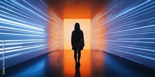 a woman standing in front of a wall with light streaks