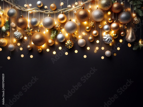 Festive decorations: A collage of different New Year's decorations, such as garlands, lights, and gold and silver ornaments.