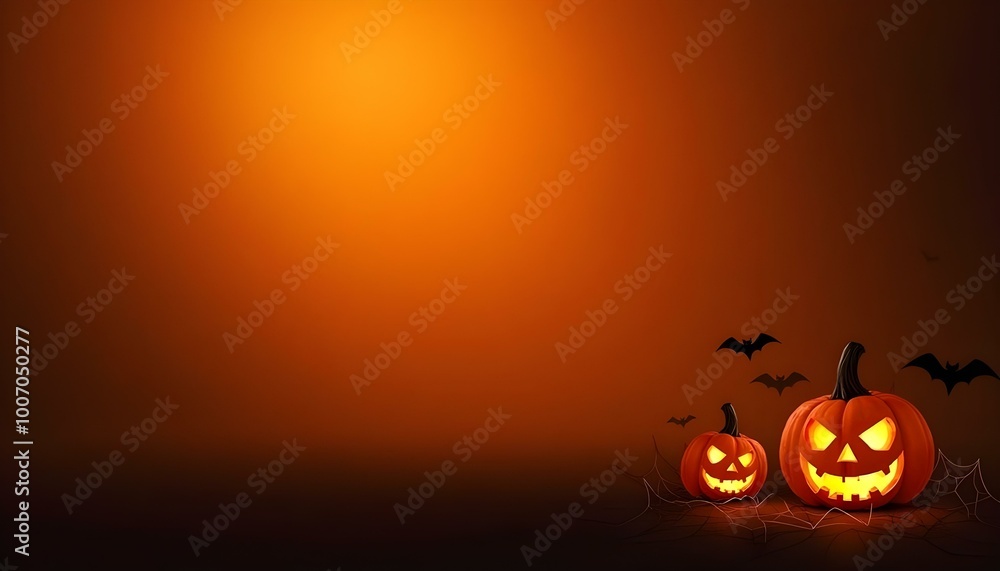 Two carved pumpkins emit a warm glow while bats hover in a dark orange atmosphere Two carved pumpkins emit a warm glow while bats hover in a dark orange atmosphere