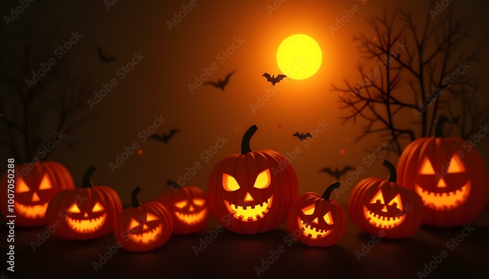 Fototapeta premium Glowing jack-o'-lanterns illuminate the night as bats soar against a bright sunset backdrop