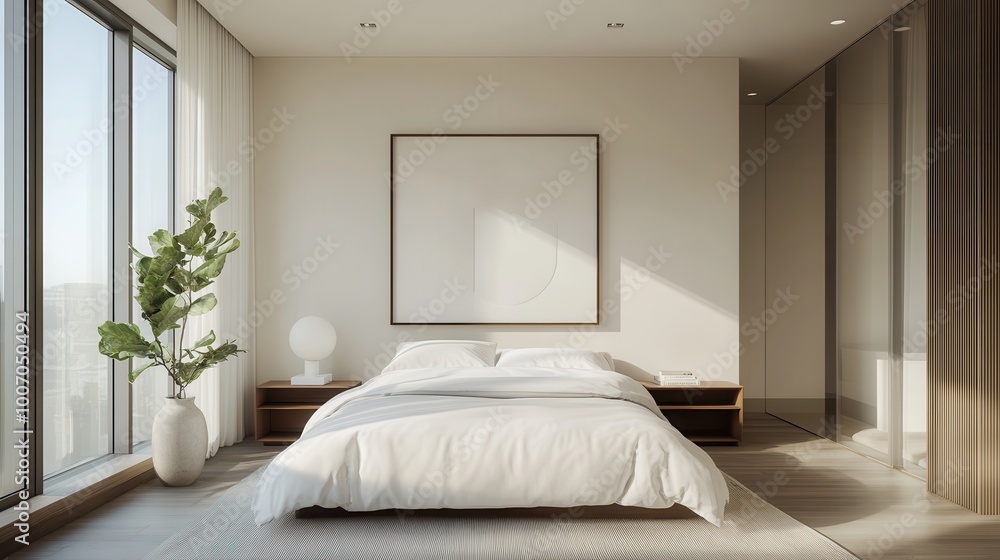 Clean and simple minimalist bedroom with a white duvet cover, minimalist artwork, and large windows Clean and simple minimalist bedroom with a white duvet cover, minimalist artwork, and large windows