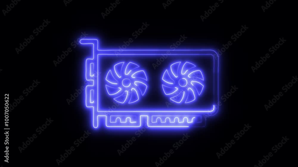 Graphic Card Outline Icon in HD Video Neon Animation – Technology and GPU Fan Rotating Symbol for Computer Graphics, Video Rendering, and Gaming on Black Background Graphic Card Outline Icon in HD Video Neon Animation – Technology and GPU Fan Rotating Symbol for Computer Graphics, Video Rendering, and Gaming on Black Background