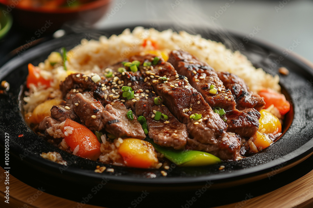 Grilled steak served with rice and colorful vegetables Grilled steak served with rice and colorful vegetables