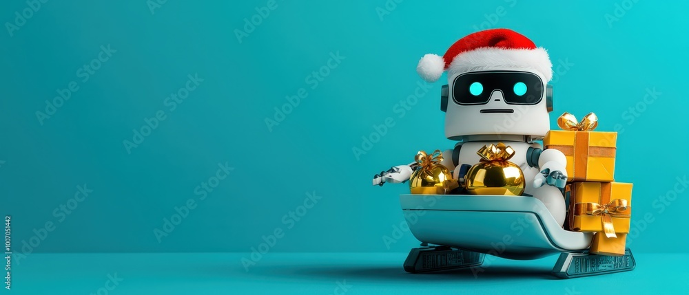 A robot is holding a Christmas present and wearing a Santa hat A robot is holding a Christmas present and wearing a Santa hat