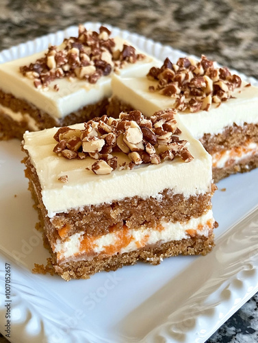 Delicious Slices of Carrot Cake with Cream Cheese Frosting. Close-up of a slices of carrot cake with rich cream cheese frosting. AI Generative