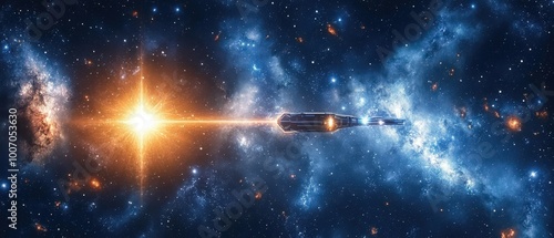 Fototapeta Naklejka Na Ścianę i Meble -  A spaceship is flying through space with a bright star in the background