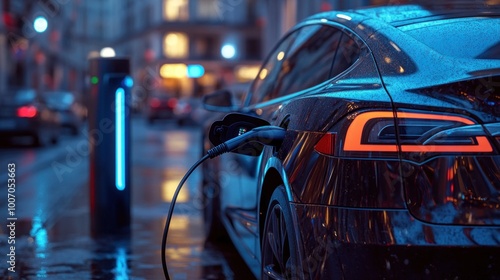 A black car is charging at a charging station. The car is parked in the rain, and the street is wet. The scene is dark and moody, with the car's headlights illuminating the wet pavement