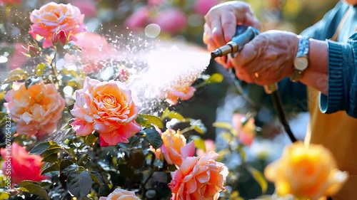 An elderly woman tending roses in a garden photo