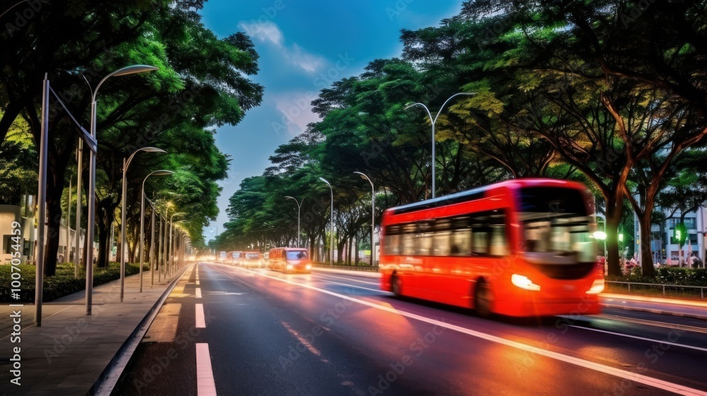 Obraz premium Red Bus on a Tree-Lined Street at Dusk