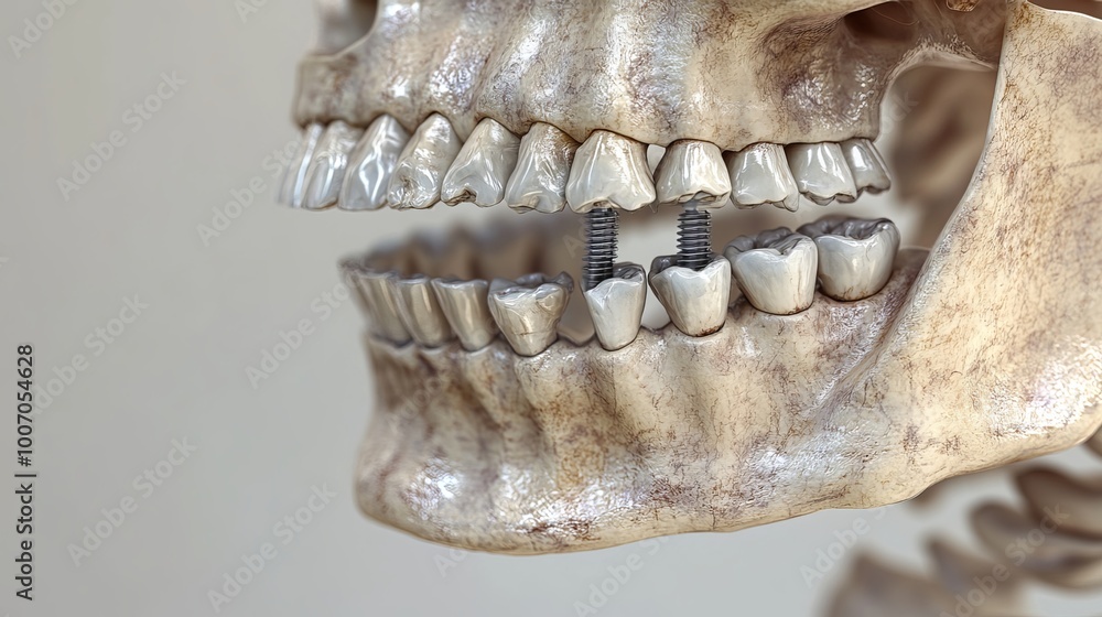 Naklejka premium Metal plates and screws have been used to fix a fractured jawbone in this 3D illustration. The jawbone, or mandible, is the only movable bone in the skull. It is responsible for chewing, speaking