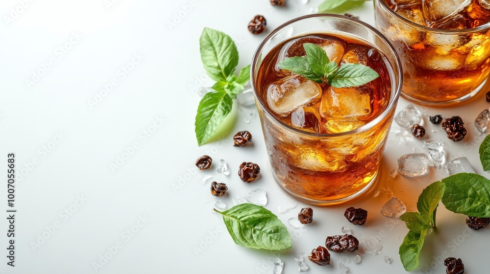 Iced Tea with Mint and Ice Cubes on White Background Iced Tea with Mint and Ice Cubes on White Background