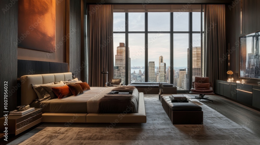 Fototapeta premium Elegant loft bedroom with a contemporary vibe, sleek furniture, and a modern bed