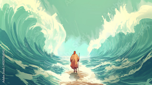 Moses parting the Red Sea and guiding the Jews through the parted waters as they journey from Egypt