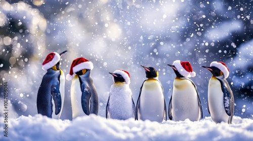 A charming family of penguins wearing Santa hats, huddled together in a snowy landscape. Their festive attire adds a playful touch to the winter scene, evoking a sense of holiday cheer and togethernes photo