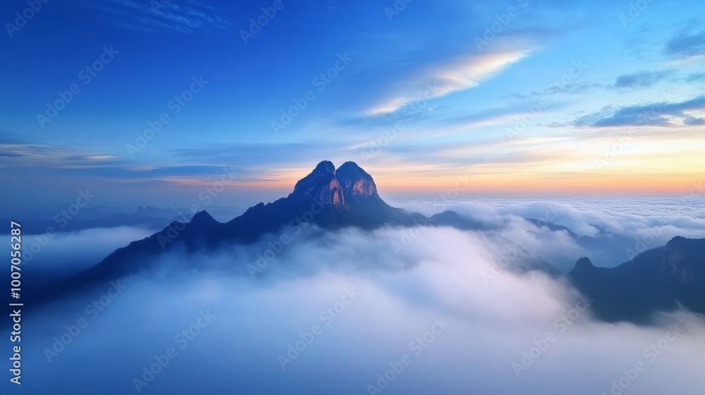 A stunning mountain peak emerges from dense morning mist, bathed in the soft glow of dawn, highlighting the serene beauty of high altitudes and nature's wonders A stunning mountain peak emerges from dense morning mist, bathed in the soft glow of dawn, highlighting the serene beauty of high altitudes and nature's wonders