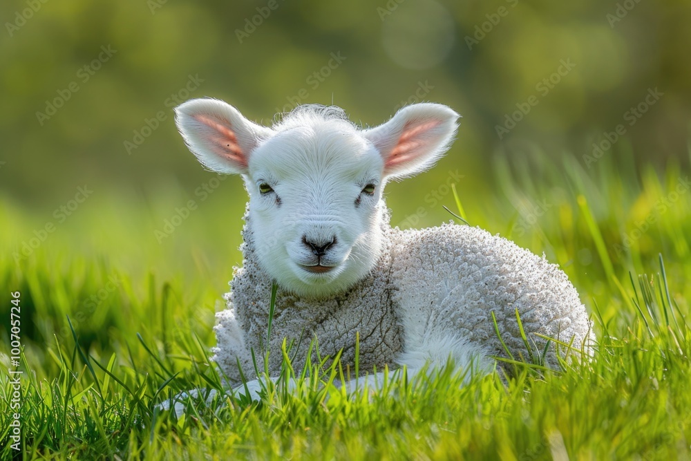 Fototapeta premium A sheep's offspring relaxes in a lush meadow, great for backgrounds or rural scenes