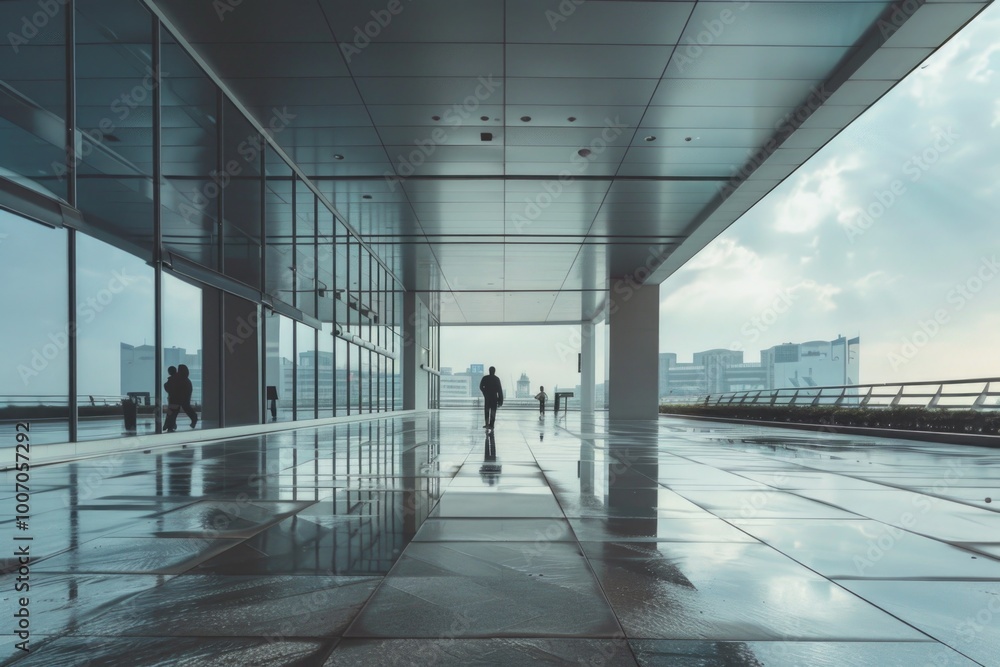 A person walking through a large building with high ceilings and corridors A person walking through a large building with high ceilings and corridors
