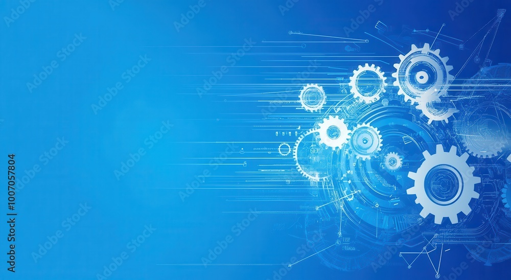 Blue technology background with gears and arrows depicting innovation and mechanical progress Blue technology background with gears and arrows depicting innovation and mechanical progress