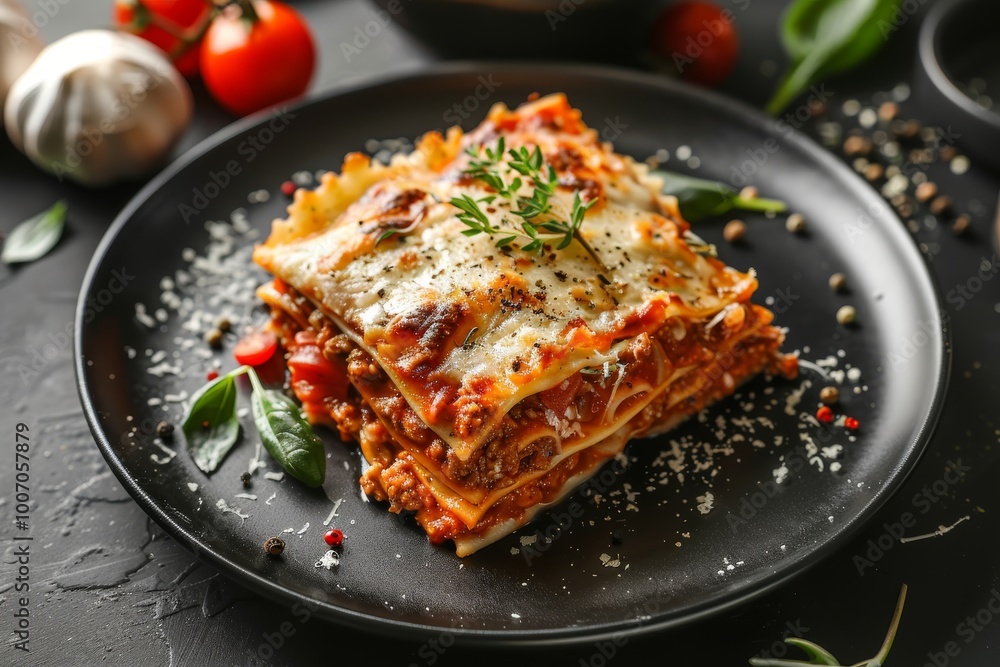 Delicious homemade lasagna served on a black plate with fresh herbs and ingredients in the background Delicious homemade lasagna served on a black plate with fresh herbs and ingredients in the background