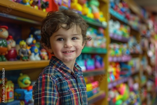 A young boy surrounded by his favorite toys, perfect for illustrations and designs related to childhood and nostalgia