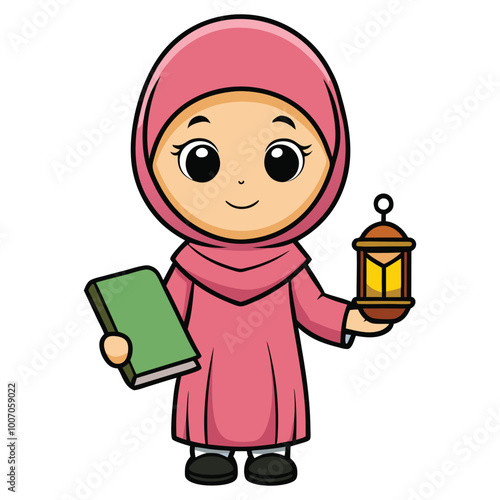 Cute Girl Moslem Holding Lantern Holding Holy Book Cartoon Vector Icon Illustration