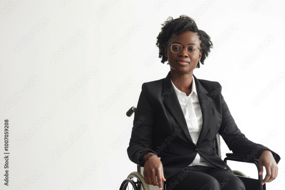 A businesswoman sits in a wheelchair, focused on her work A businesswoman sits in a wheelchair, focused on her work