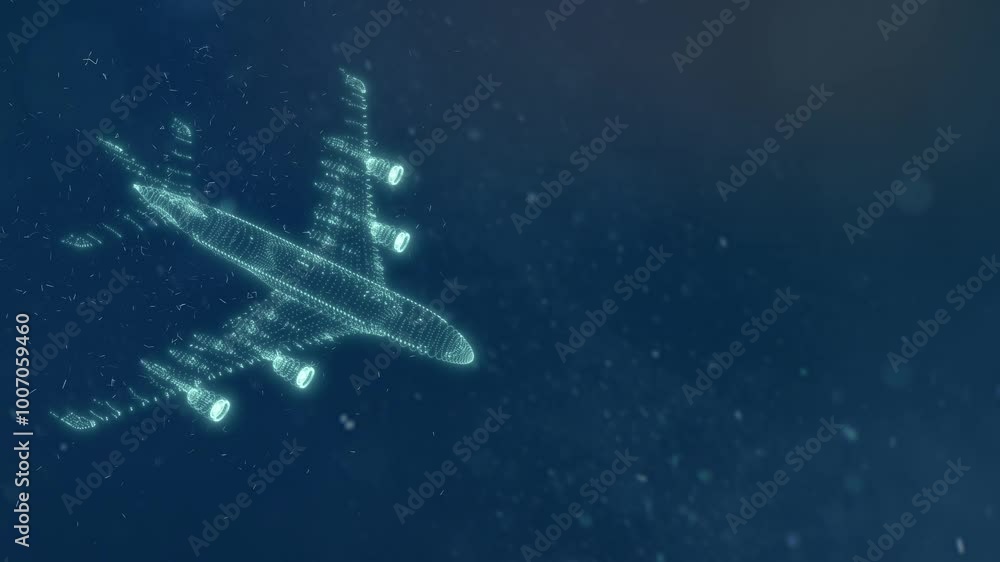 On a dark blue background, a blue 3D airplane made up of lines and dots is displayed.AI in travel