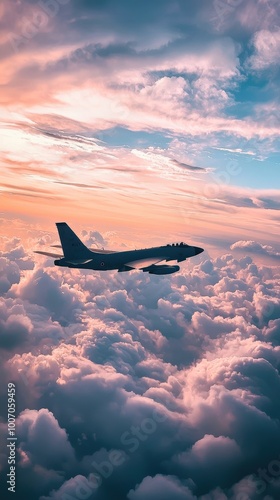 A fighter jet soaring through the clouds, exuding a high-energy vibe perfect for a dynamic phone background. The dramatic scene captures the thrill of flight and the power of military aviation. photo