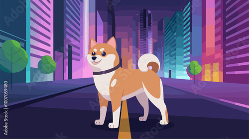 Shiba Inu dog surrounded by colorful, illuminated skyscrapers during a lively urban night.