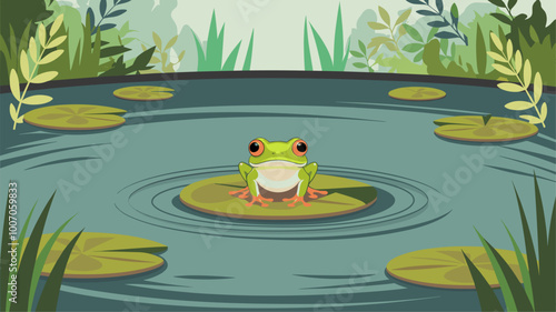 Tiny frog with bright green skin and big eyes perched on a lily pad in a serene pond with gentle ripples.