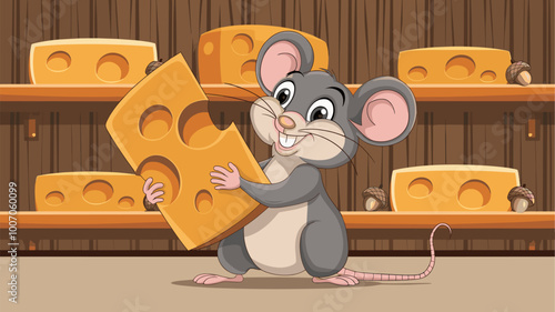 An animated tiny mouse with a large piece of cheese, posing playfully with a grin.