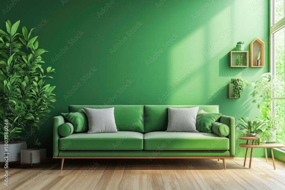 Contemporary Living Room Interior Design with Green Sofa and Wooden Floor Contemporary Living Room Interior Design with Green Sofa and Wooden Floor