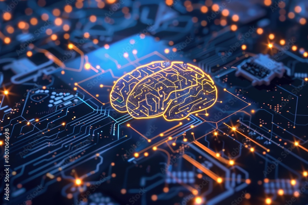 A futuristic electronic component with a bright brain-like center A futuristic electronic component with a bright brain-like center