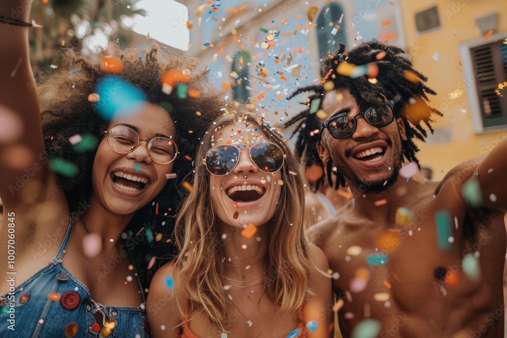 Group of friends celebrating summer outdoors, throwing confetti and having fun Group of friends celebrating summer outdoors, throwing confetti and having fun