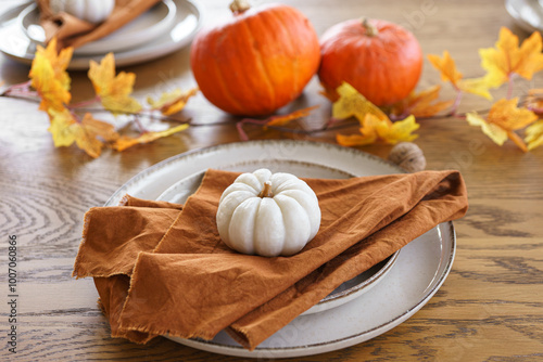 Wallpaper Mural Autumn, fall, Halloween or thanksgiving festive day table setting with yellow leaves and pumpkins Torontodigital.ca