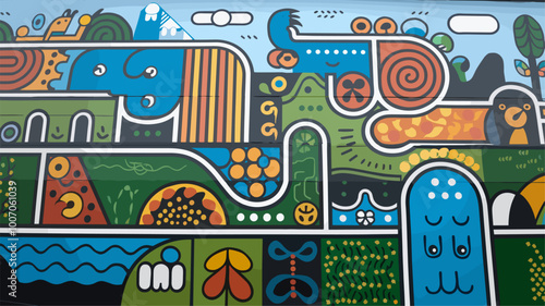 Whimsical modern art mural with playful lines and curves forming creatures and landscapes.