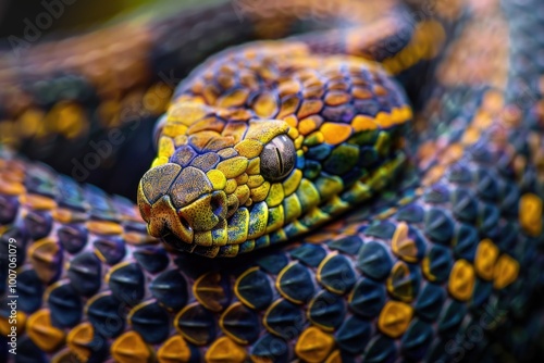 A detailed image of a colorful snake's head with distinctive markings