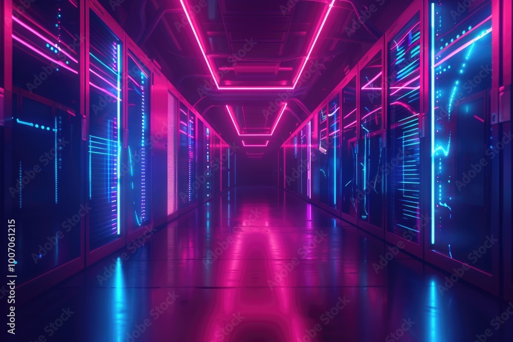 A modern hallway with neon lights on the walls, perfect for use in interior design or architecture projects A modern hallway with neon lights on the walls, perfect for use in interior design or architecture projects