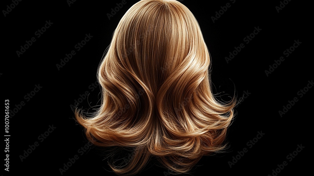 Luxurious golden hair styled in elegant waves against a dark background, highlighting its shine Luxurious golden hair styled in elegant waves against a dark background, highlighting its shine
