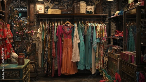 Vintage clothing store with dresses and fashion items displayed in a charming boutique