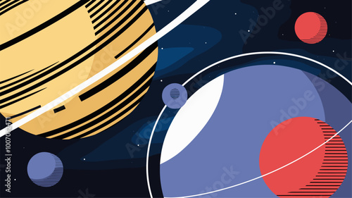 Stylized planets in bold geometric shapes and contrasting colors. photo