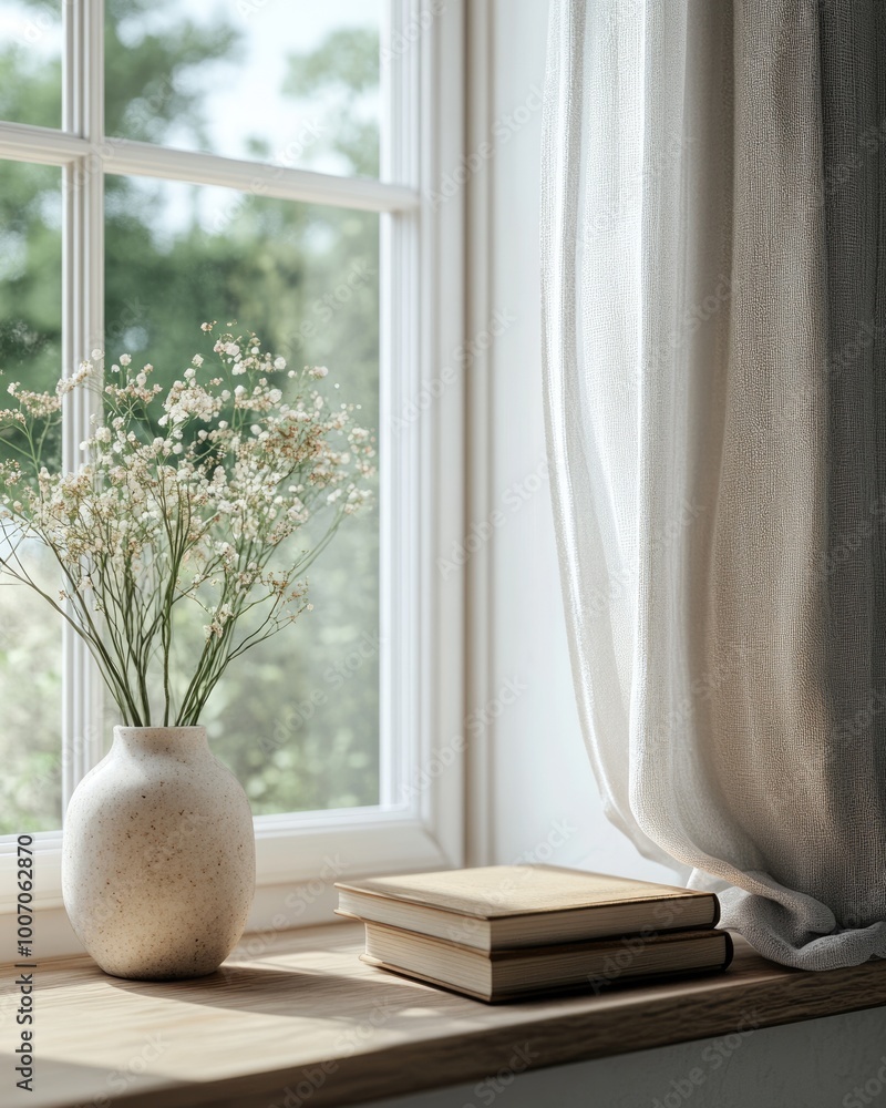 Simple Scandinavian Home Decor with Wooden Frame, Window Sill Plant, and Books